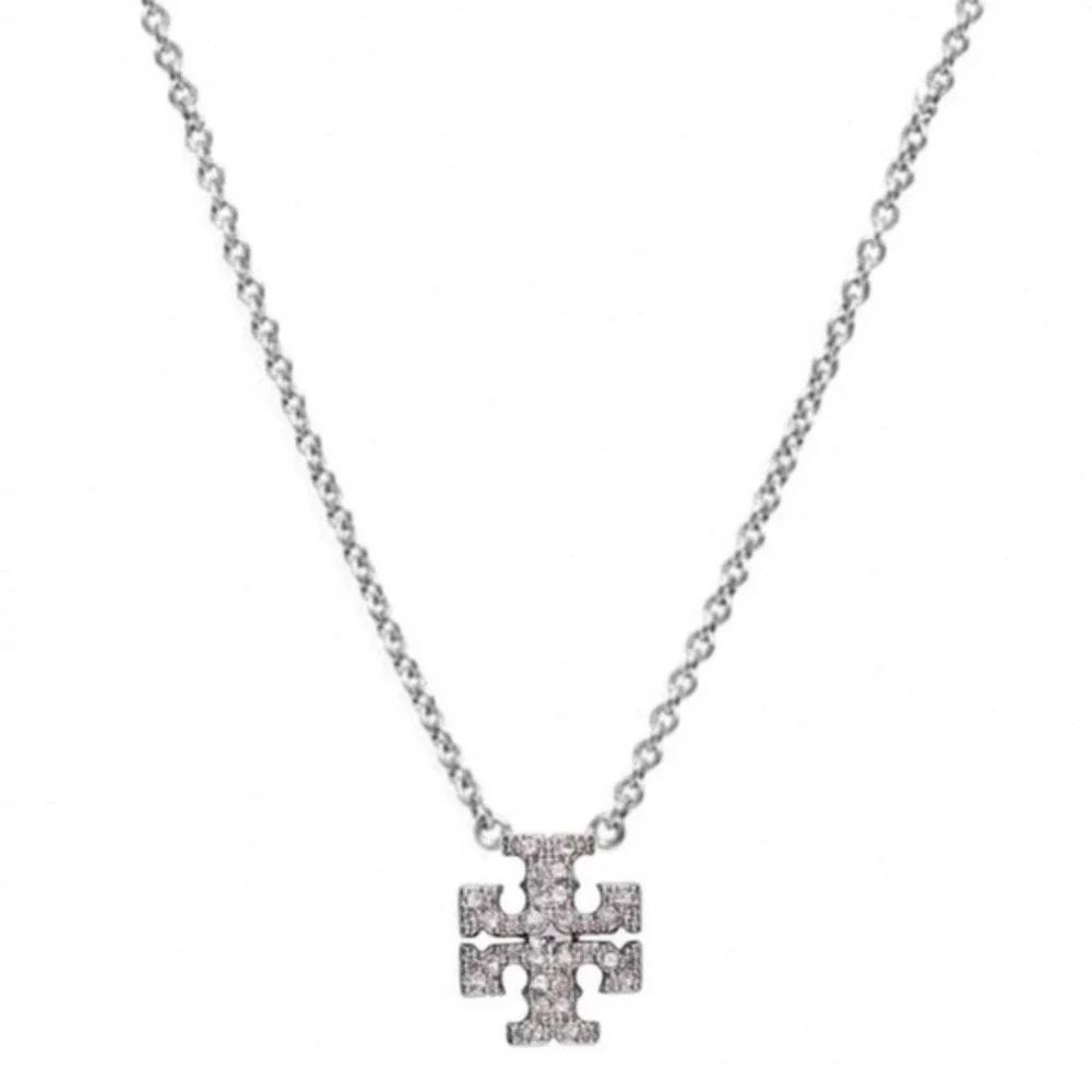 Tory Burch Logo Pave Crystal Delicate‎ Chain Necklace Silver Tone